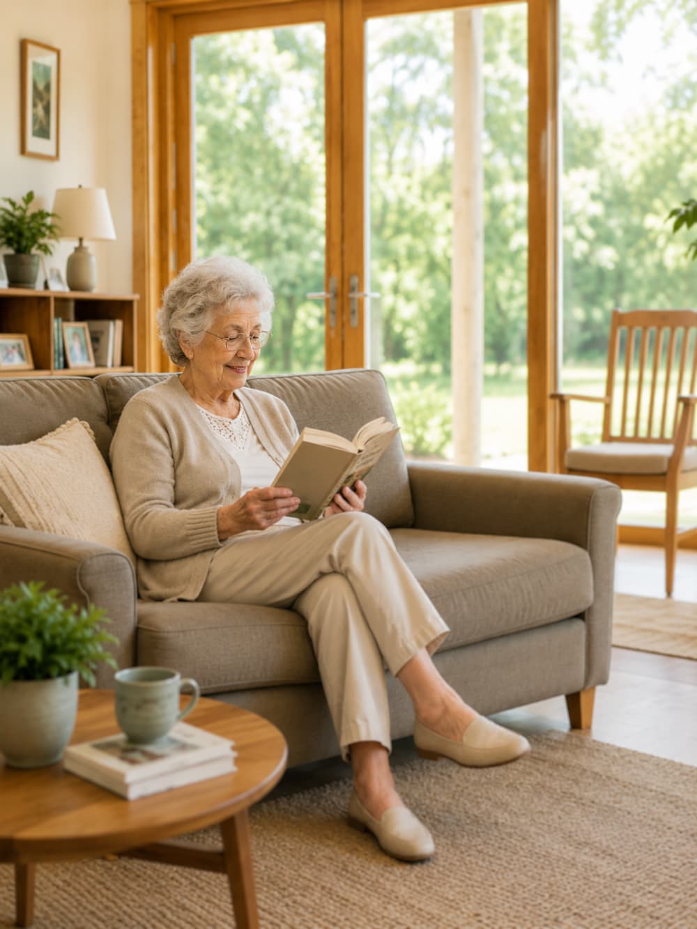 An older woman calmly working on a jigsaw puzzle at a sunlit table